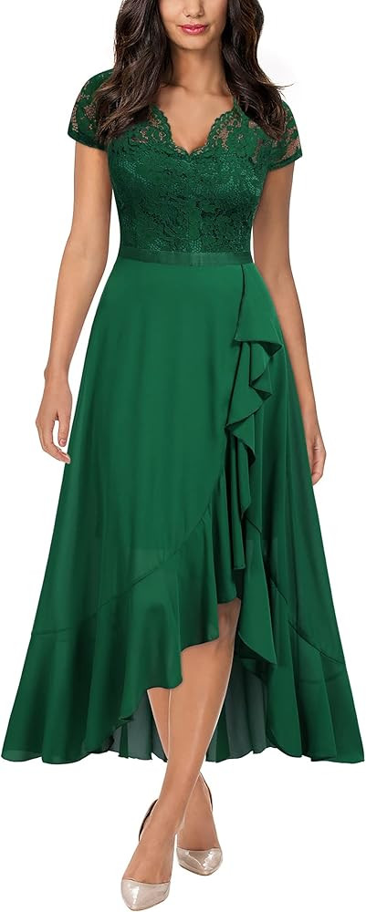 Miusol Women's V Neck Elegant Lace Ruffle Bridesmaid Maxi Dress | Amazon (US)