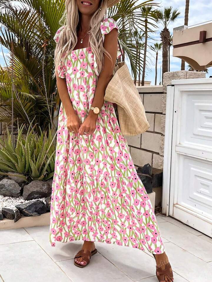 Acelitt Summer Pink Printed Square Neck Pleated Lace Up Elegant Long Dress | SHEIN