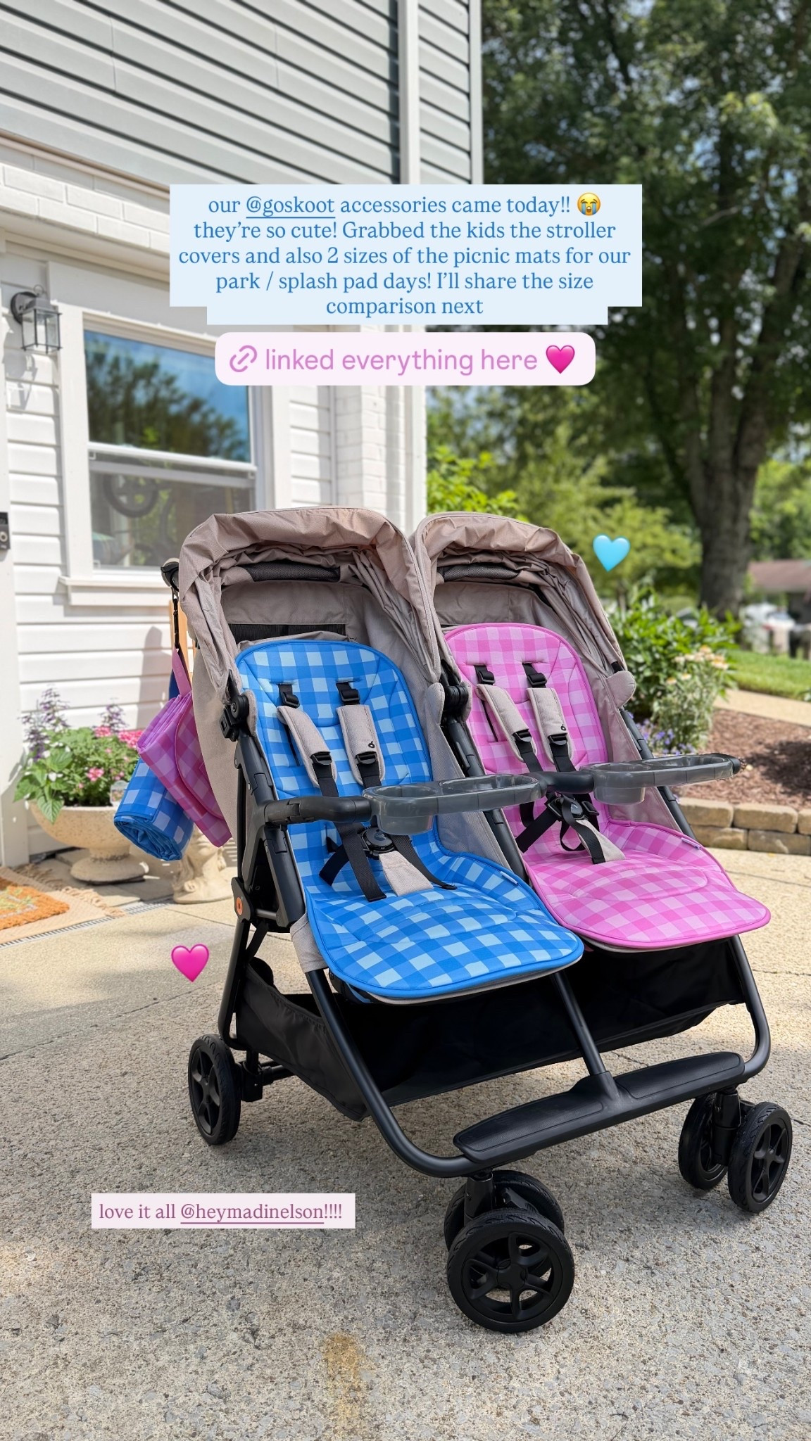 our @goskoot accessories came today!! 😭 they’re so cute! Grabbed the kids the stroller covers and also 2 sizes of the picnic mats for our park / splash pad days! I’ll share the size comparison next love it all @heymadinelson!!!! 🩷 🩵