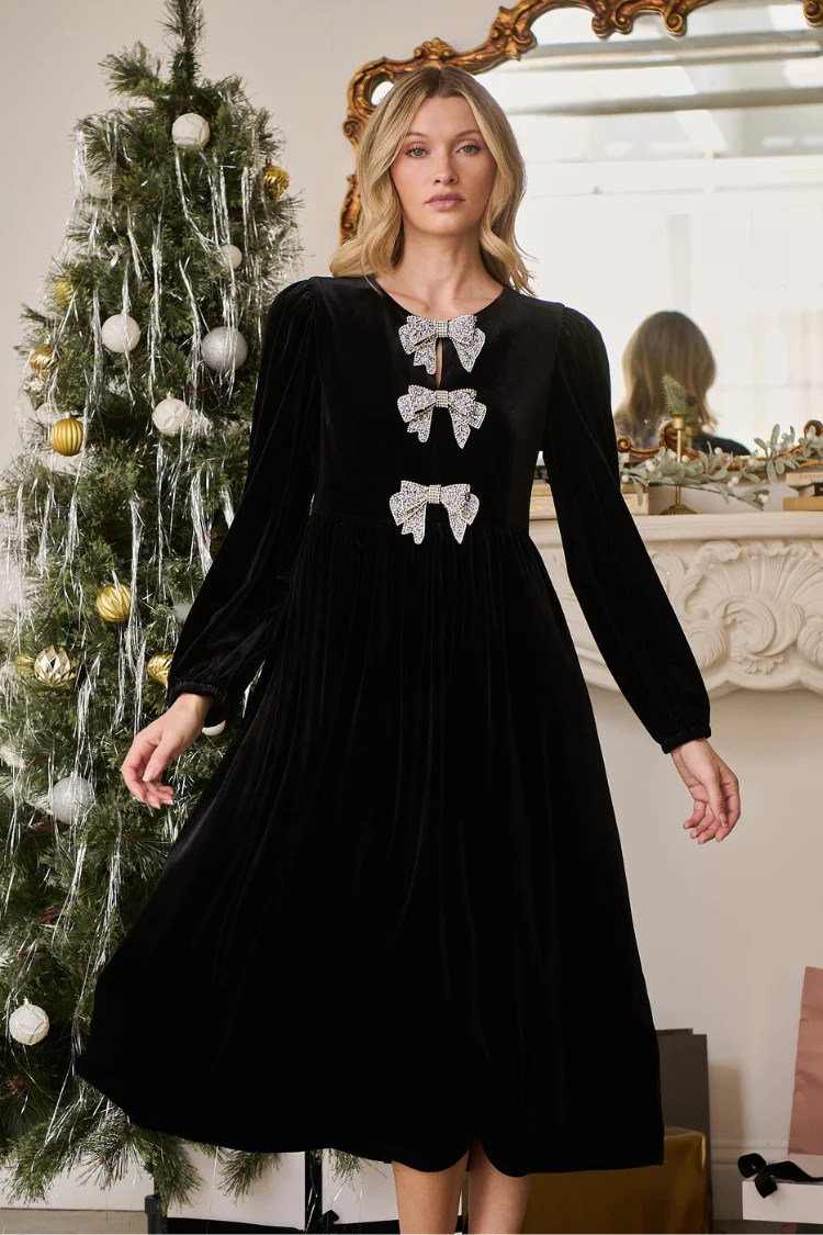 Brigette Bow Velvet Midi Dress - Black | Confête