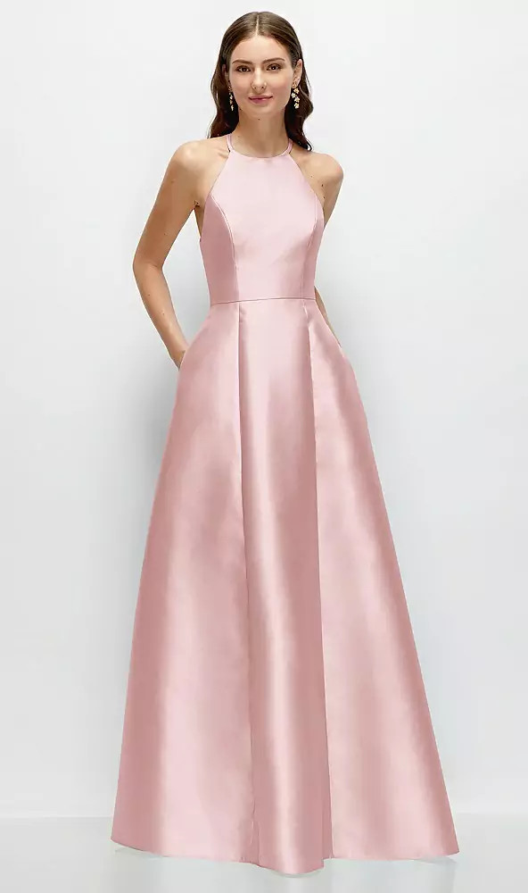 Jewel Neck Halter Full A-Line Satin Maxi Dress in Ballet Pink | Dessy Group
