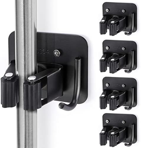 Stainless Steel Broom Holder, Heavy Duty, Rust Resistant, 4 Gripper Positions with 4 Hooks, Black | Amazon (US)