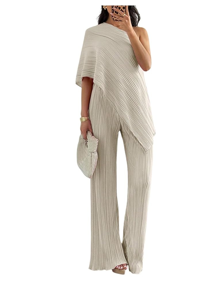 MakeMeChic Women's Elegant 2 Piece Striped Outfits One Shoulder Asymmetrical Top and Pants Clothi... | Amazon (US)