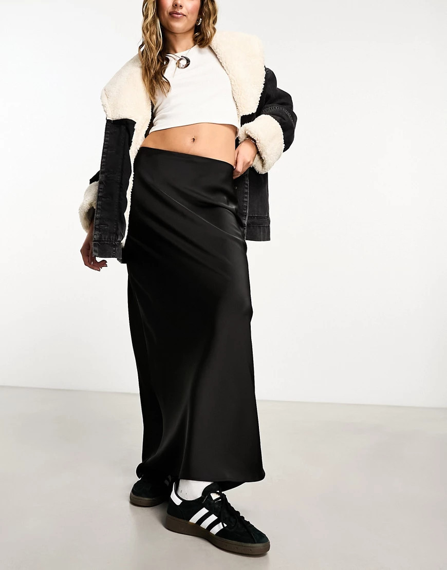 ASOS DESIGN satin bias maxi skirt in black | ASOS (Global)