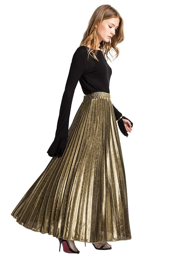 Romwe Women's Metallic Shiny Shimmer Accordion Pleated Long Maxi Skirt | Amazon (US)