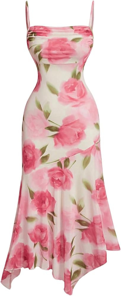 GORGLITTER Women's Floral Ruched Bodycon Cami Dress Mesh Sleeveless Ruffle Asymmetrical Hem Midi ... | Amazon (US)