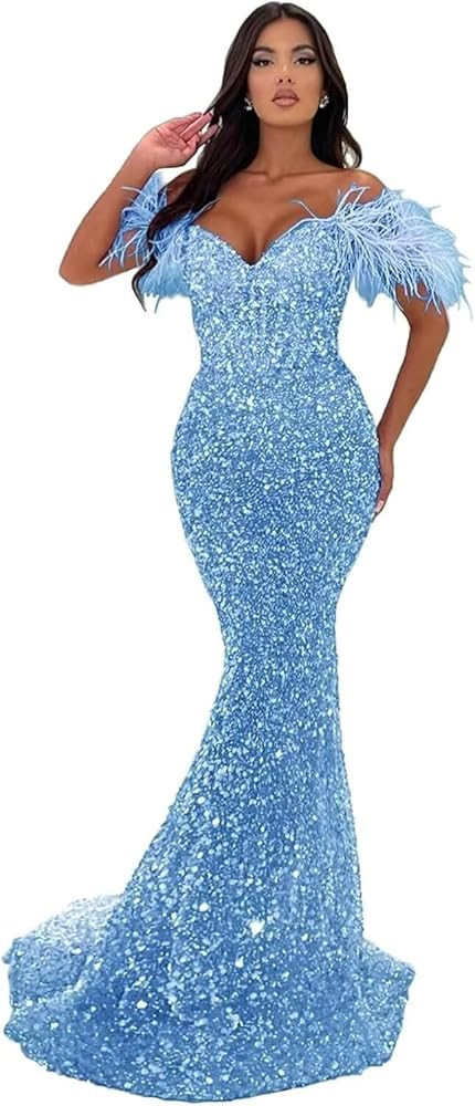 Sequin Mermaid Prom Dresses 2025 Sparkly Off Shoulder Feathers V-Neck Bodycon Formal Evening Part... | Amazon (US)