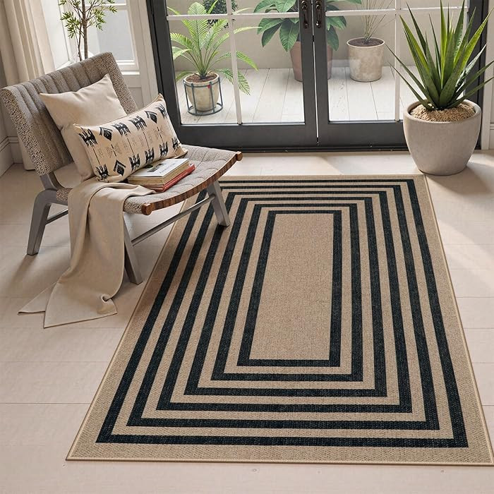 Lahome Modern Geometric Easy Jute Outdoor Rug, 3x5 Black Washable Kitchen Rugs for Bedroom Thin N... | Amazon (US)