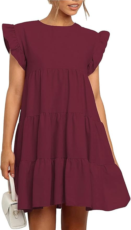 IHOT Women Babydoll Summer Casual Crew Neck Ruffle Sleeve Sleeveless Flowy Mini Short Tunic Dress | Amazon (US)