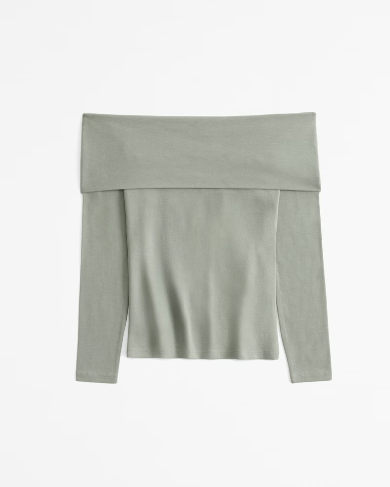 Long-Sleeve Cotton-Blend Seamless Fabric Tuckable Off-The-Shoulder Top | Abercrombie & Fitch (US)