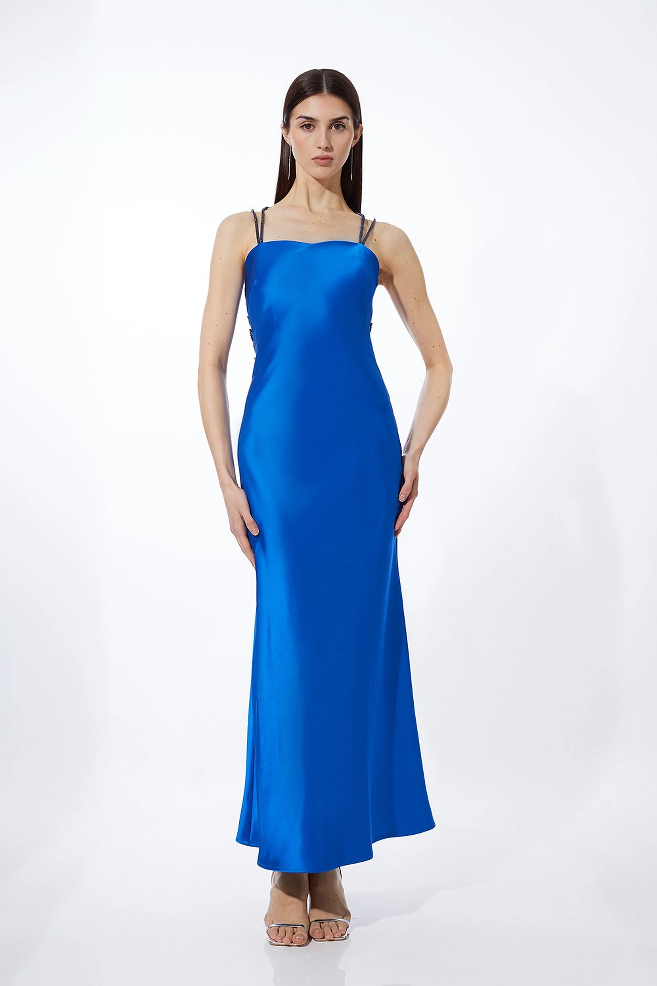 Heavy Satin Diamante Detail Slip Midaxi Dress | Karen Millen US
