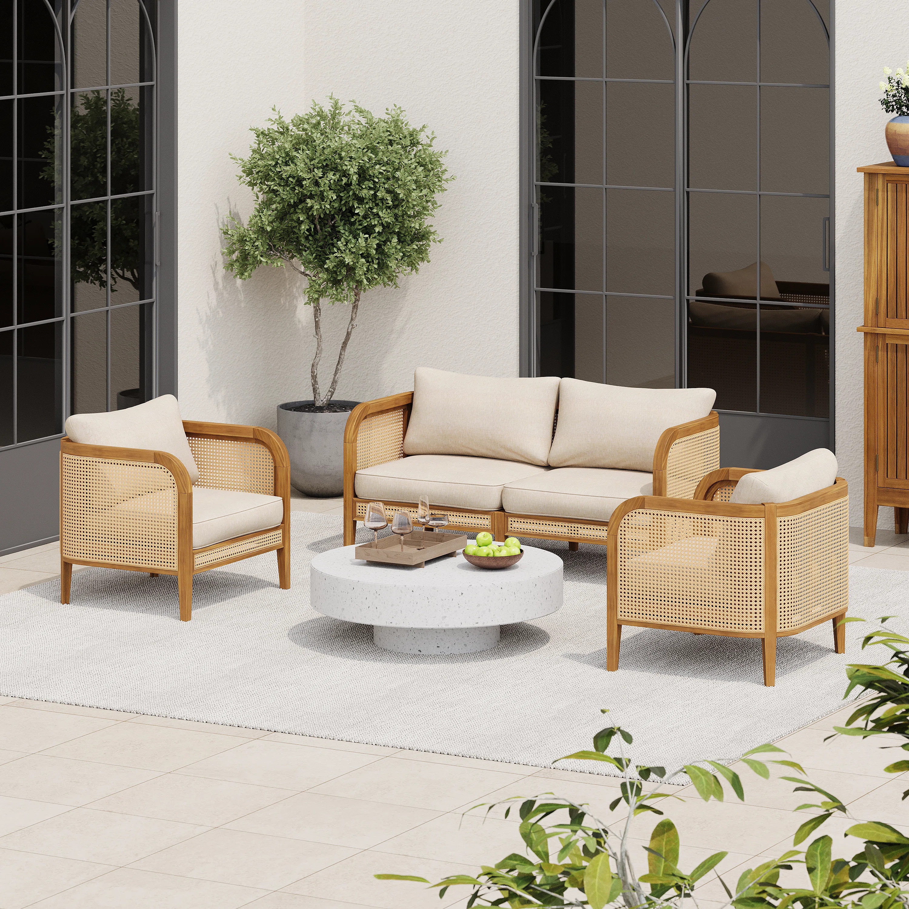 Nataliah Patio 3-Piece Pe Rattan Conversation Set With Acacia Wood | Wayfair North America