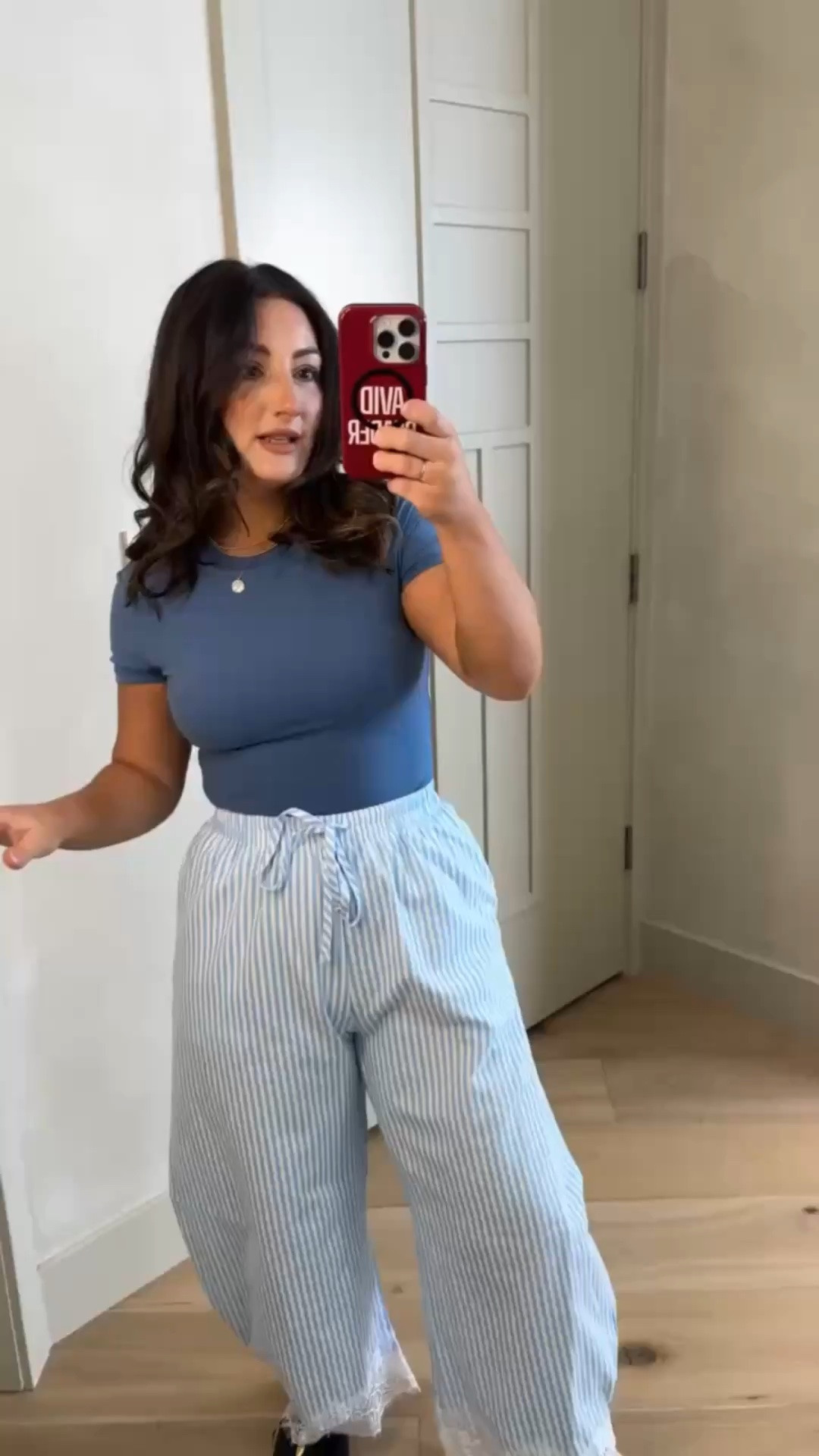 Love this summer outfit! 
Double lined tee and striped pants with lace trim size small 

(5'0" 140lbs) Petite friendly

#LTKootd #LTKSaleAlert #LTKPetite