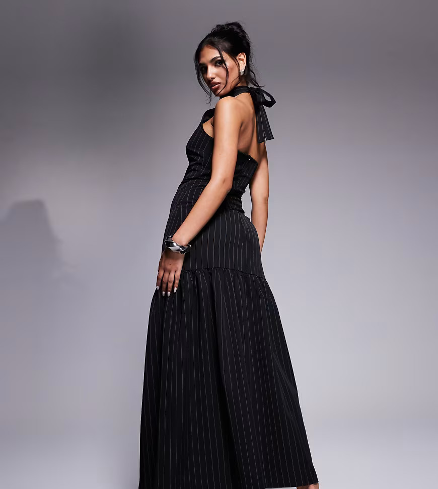 Kaiia exclusive tie halterneck dropped hem maxi dress in black pinstripe | ASOS (Global)