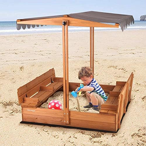 Kids Large Wooden Sandbox, Outdoor Sand Box Play w/ Canopy, 2 Foldable Bench Seats, Retractable Roof | Amazon (US)