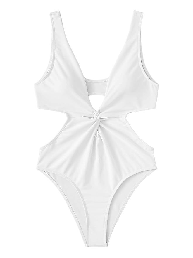 SweatyRocks Women's Sexy Bathing Suit Solid Color Front Twist High Leg Cut Out One Piece Swimwear | Amazon (US)