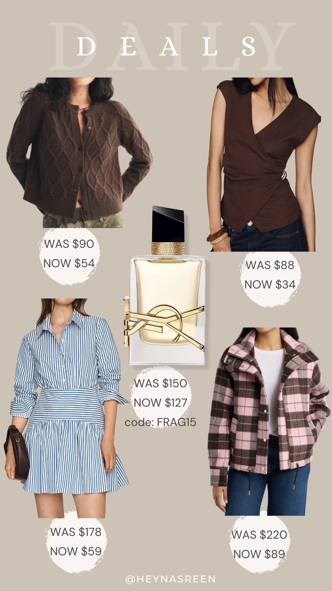 Daily deals on Abercrombie cardigan, Anthropologie top, Bernardo plaid jacket, YSL perfume, Anthropologie dress,