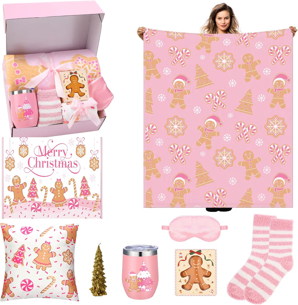 Vesici 8 Pcs Pink Gingerbread Gifts Set Christmas Gingerbread Man Gifts Basket Pink Blanket Pillo... | Amazon (US)