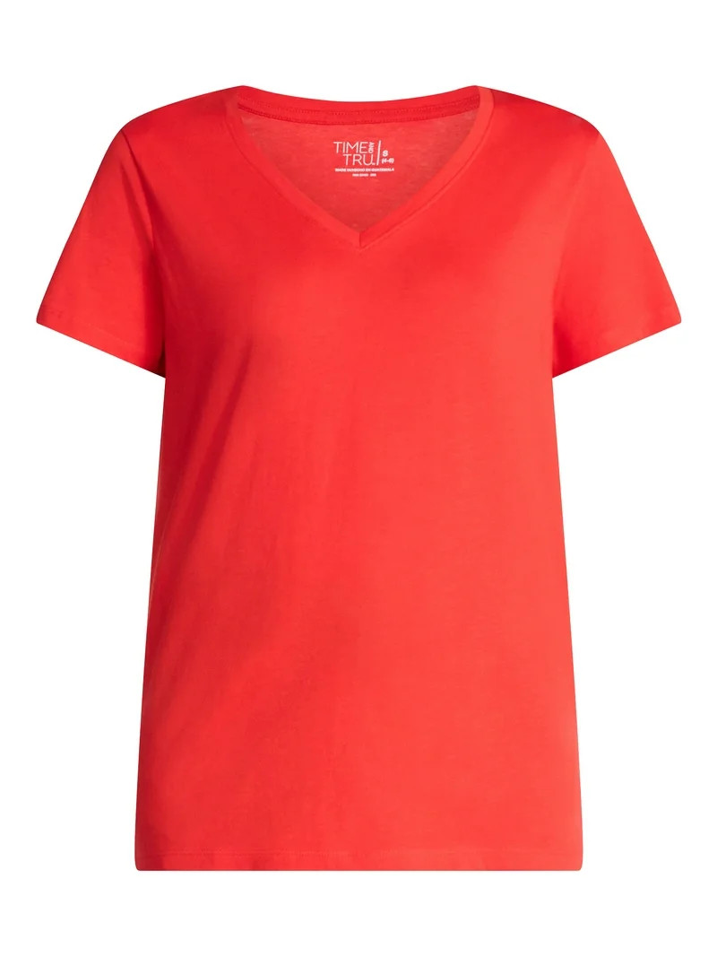 Time and Tru Women's Cotton V-Neck Tee with Short Sleeves, Sizes XS-XXXL | Walmart (US)