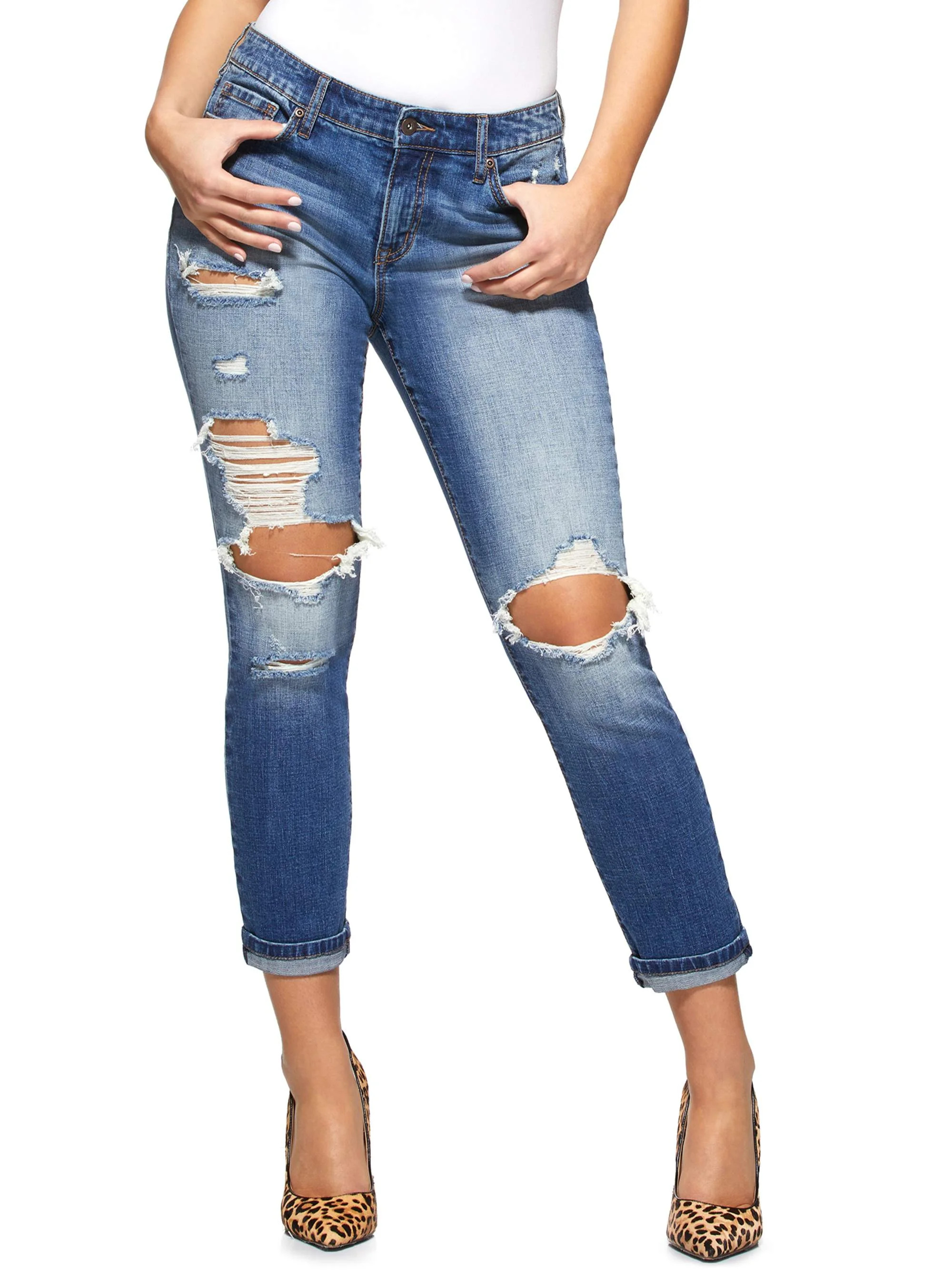 Sofia Jeans Women's Bagi Boyfriend Mid Rise Destructed Jeans | Walmart (US)