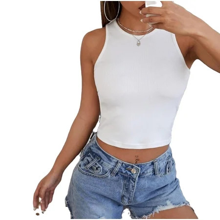 Women s Crop Stretch Plain Casual Plain Tank Round Neck White Tank Tops & Camis | Walmart (US)
