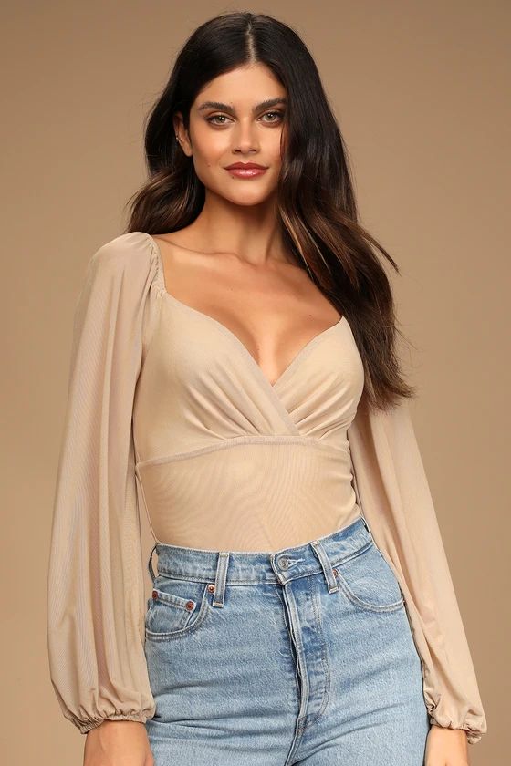 Text Me Later Beige Mesh Long Sleeve Bodysuit | Lulus (US)