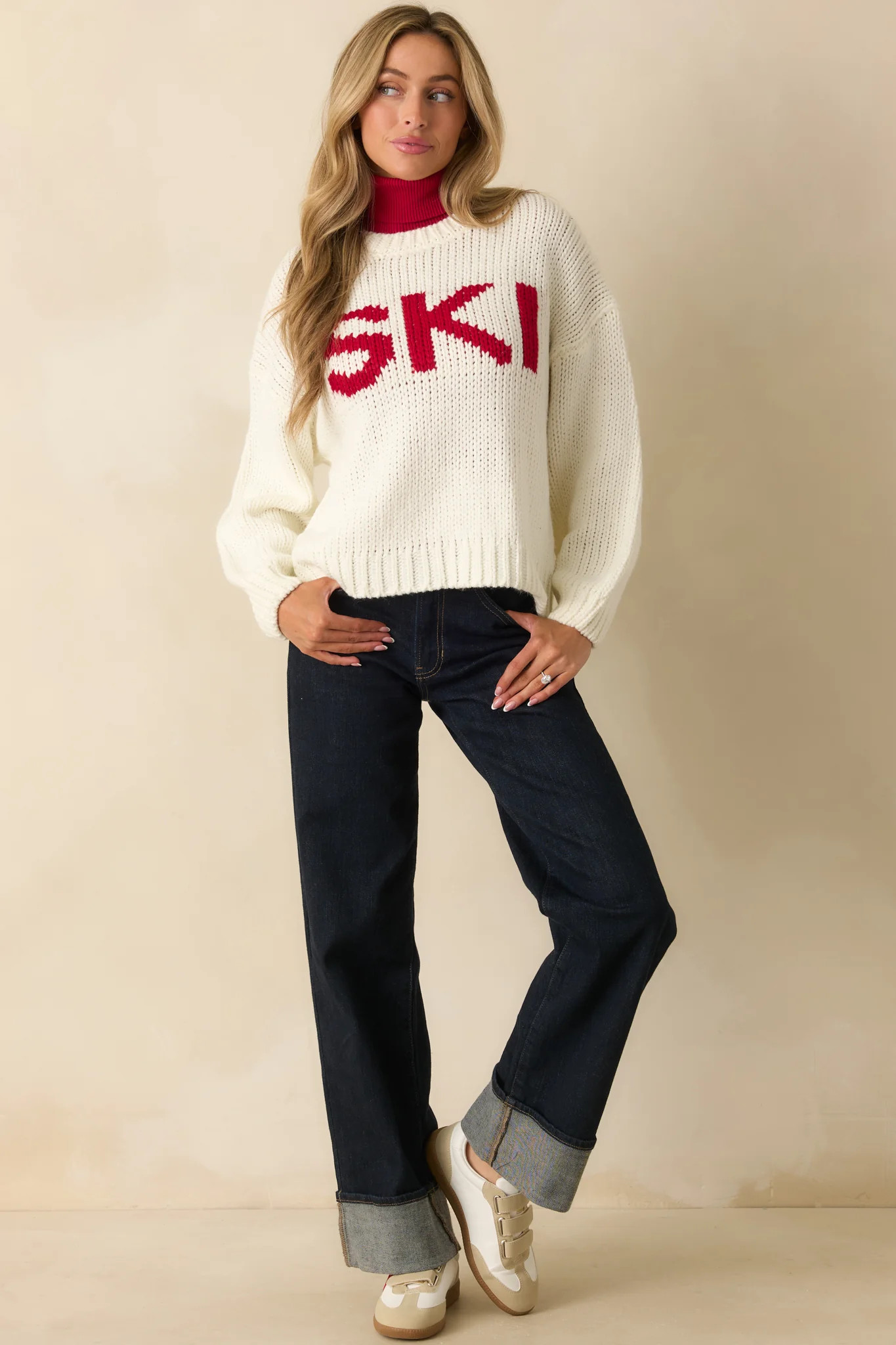 Apres All Day Ivory Knit Ski Sweater | Red Dress