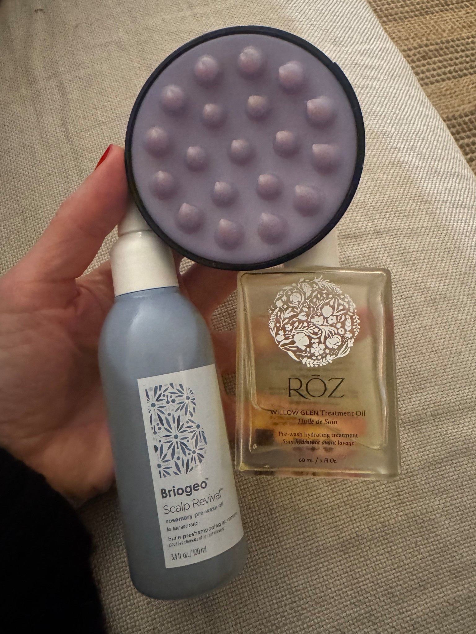 I will use the scalp massager to stimulate my entire scalp. I will then follow with the Briogio on my scalp and the Roz on my mid length to ends. 