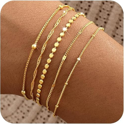 Gold Bracelets for Women, 14K Gold Plated Stackable Bracelet Stack Set Adjustable Charm Paperclip... | Amazon (US)