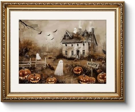 Vintage Gold Framed Spooky Halloween Wall Art, 13x16 Haunted House Jack-o’-Lanterns Bats Canvas... | Amazon (US)