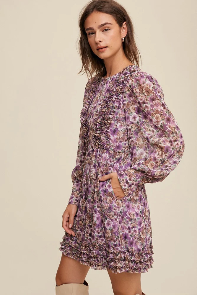 Violet Floral Print Ruffle Detailed Long Sleeve Dress | PinkBlush Maternity