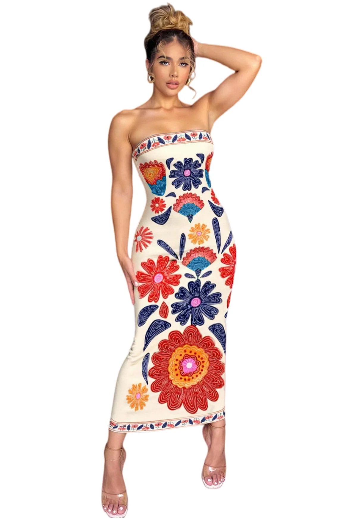 Chic YC Women's Strapless Floral Embroidered Bodycon Midi Dress Boho S | Zulily