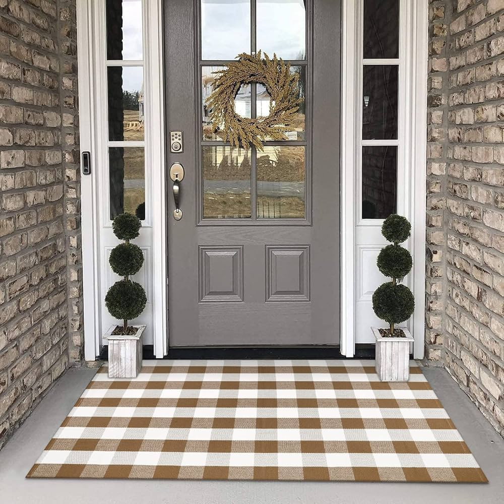 LEEVAN Cotton Buffalo Plaid Rugs 4x6 Coffee Checkered Rug Washable Woven Outdoor Porch Welcome Br... | Amazon (US)