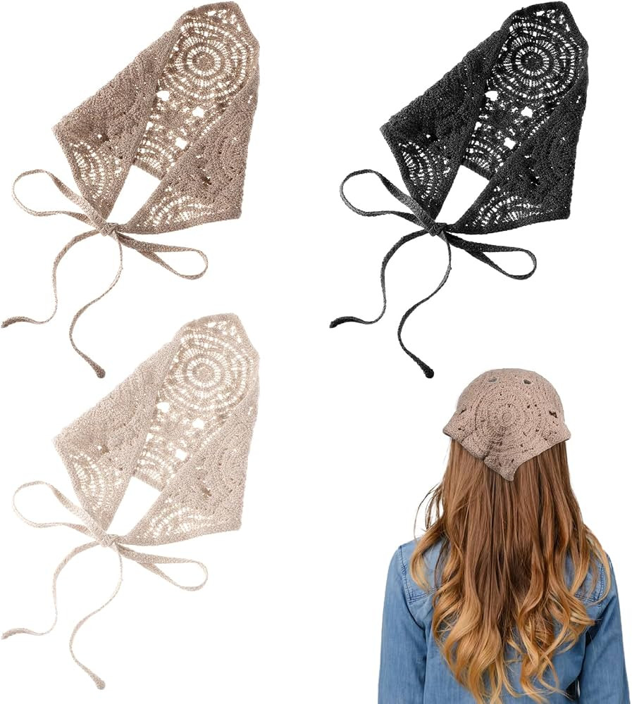 3PCS Hollow Crochet Bandana Floral Crochet Headbands Hair Head Scarf Boho Vintage Kerchief Knitte... | Amazon (US)