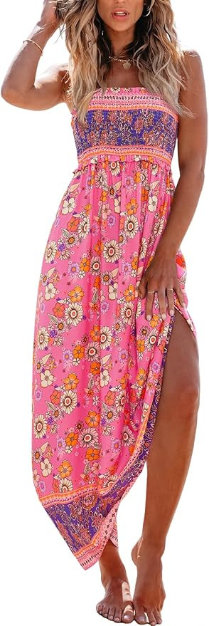 CUPSHE Boho Floral Summer Dress for Women Beach Vacation Smocked Sundress Resort Flowy Casual Max... | Amazon (US)