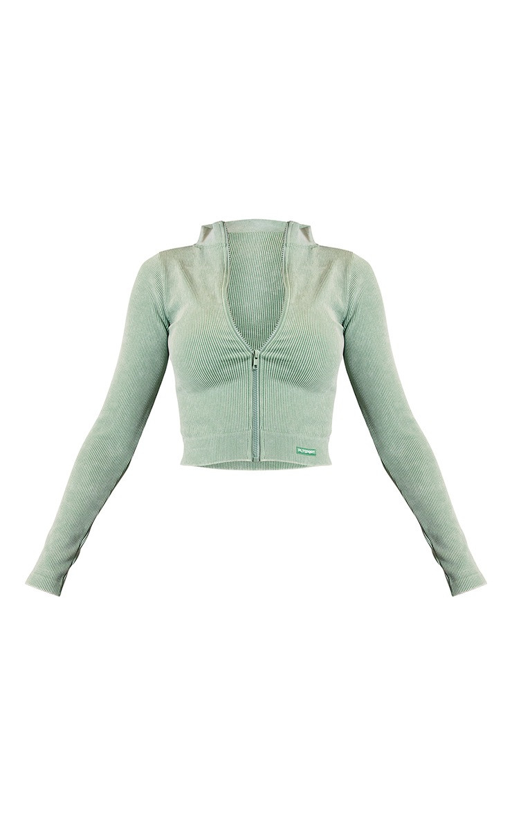 Acid Wash Khaki Seamless Ribbed Zip Up Cropped Sports Jacket | PrettyLittleThing UK