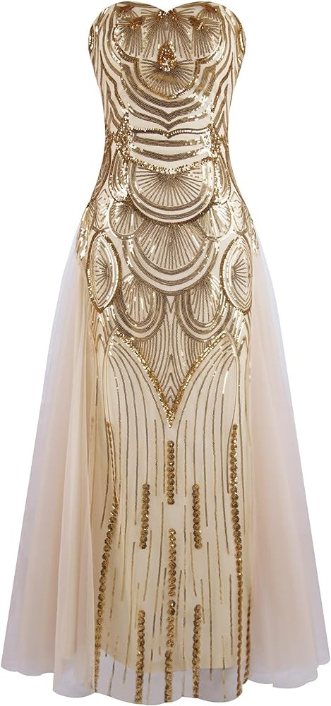 ANGEL FASHIONS Women's Sequin Strapless Sweetheart Mesh Lace up Banquet Dress | Amazon (US)