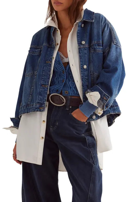 Free People We The Free Opal Swing Denim Trucker Jacket in Got The Blues at Nordstrom, Size Large | Nordstrom