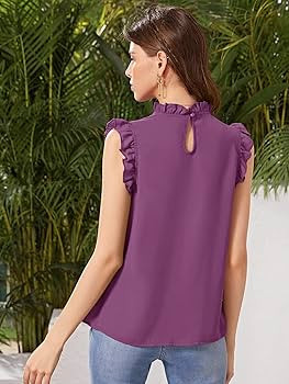 Women's Shirts Women's Tops Shirts for Women Mock-Neck Frill Trim Sleeveless Top (Color : Purple,... | Amazon (US)