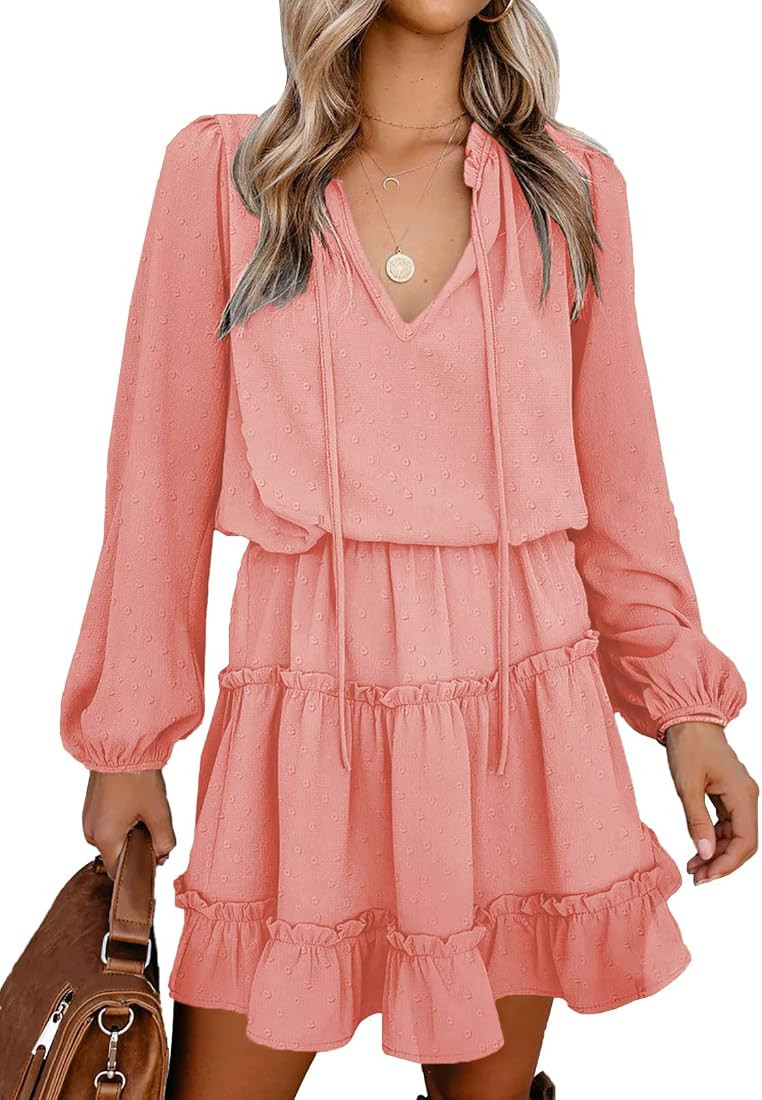 Women Casual Summer Fall Dresses Tie V Neck Long Sleeve High Waist Ruffle Tiered A Line Swing Tun... | Amazon (US)