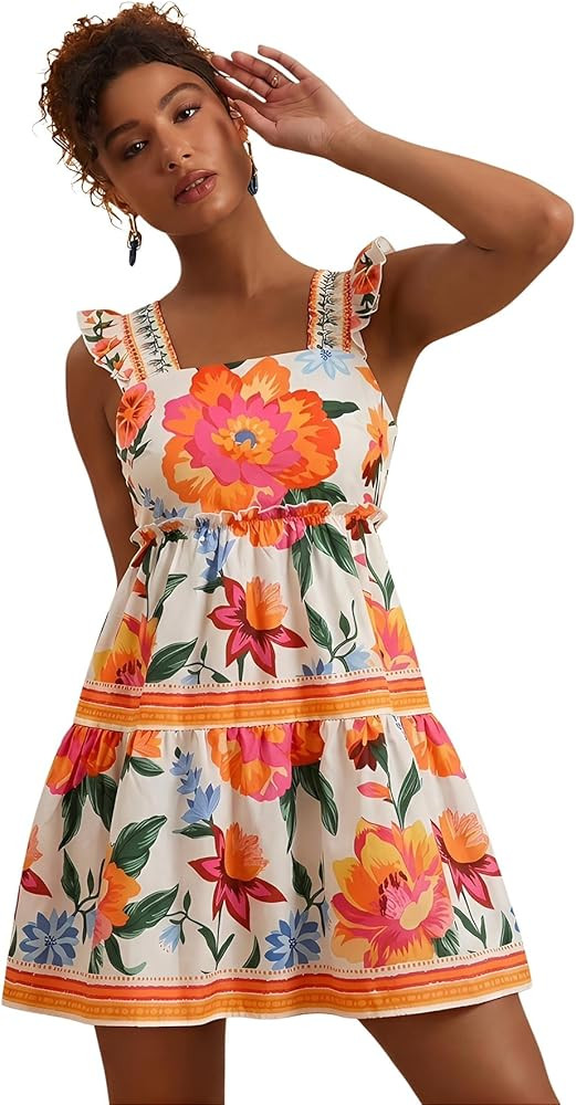 RoseSeek Women's Floral Tropical Graphic Short Dress Boho Ruffle Hem Sleeveless Vacation Tank Dre... | Amazon (US)