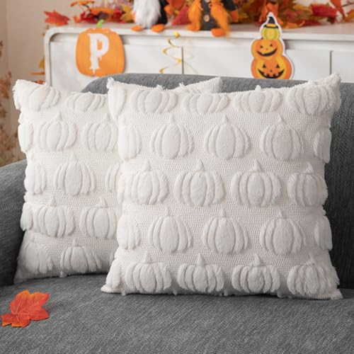 JXZYGMD Fall Pillow Covers 18x18 Set of 2 Fall Decorations Beige Pumpkin Throw Pillow Cases Soft Plush Throw Pillows for Sofa Bedroom Living Room Home Decor | Amazon (US)
