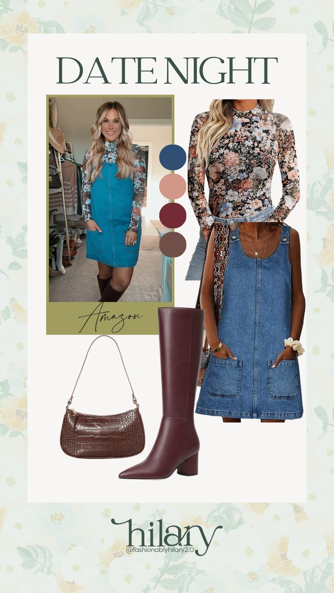 Date night outfit inspo! All from Amazon with multiple colors and sizes available. This mesh floral long-sleeve I've been wearing everywhere paired with this jean denim skirt jumper then finished with burgundy knee high boots (I'm obsessed with these!) and a matching burgundy brown handbag. 

 #LTKSeasonal #LTKFindsUnder50 #LTKFindsUnder100