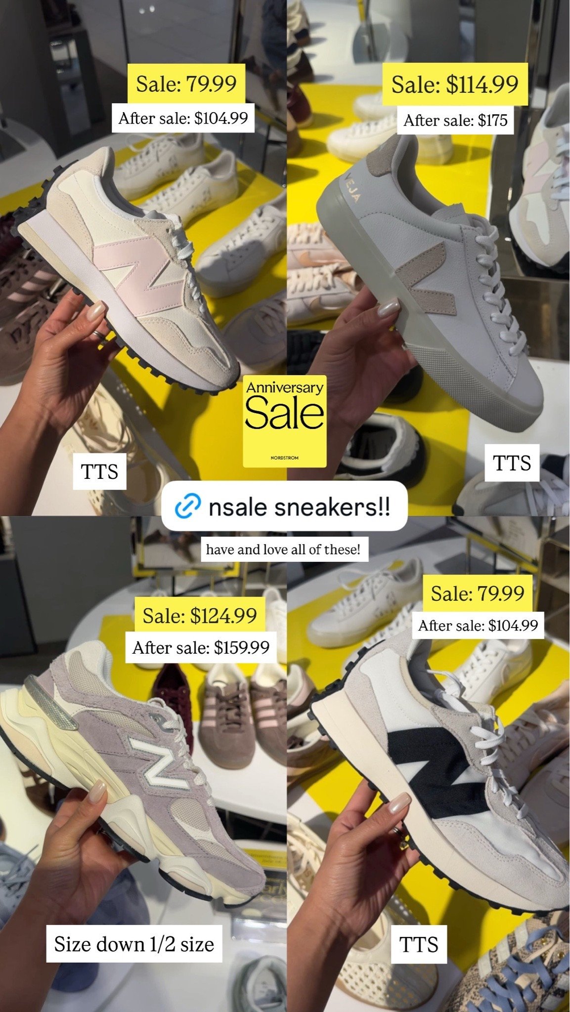 NSALE sneakers!!  Have and love all of these!

New Balance 327 - tts
New balance 9060 - size down half a size
Veja Campo - tts

#LTKSaleAlert