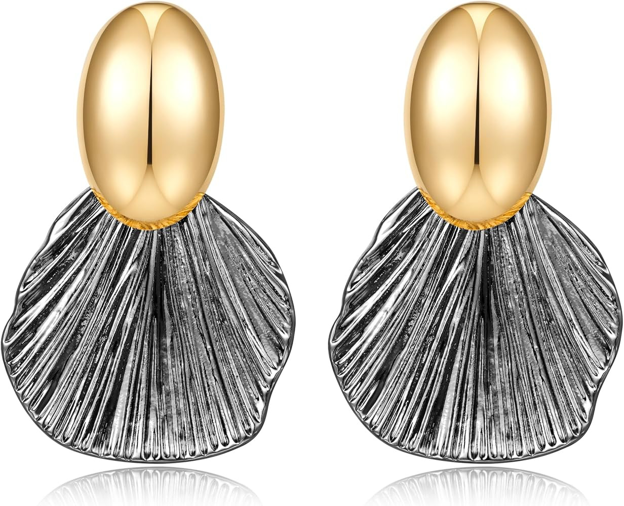 Gold Plated Earrings Dangle Chunky Fan-shaped Earrings Shell Earring for Women Two-Tone Fashion S... | Amazon (US)