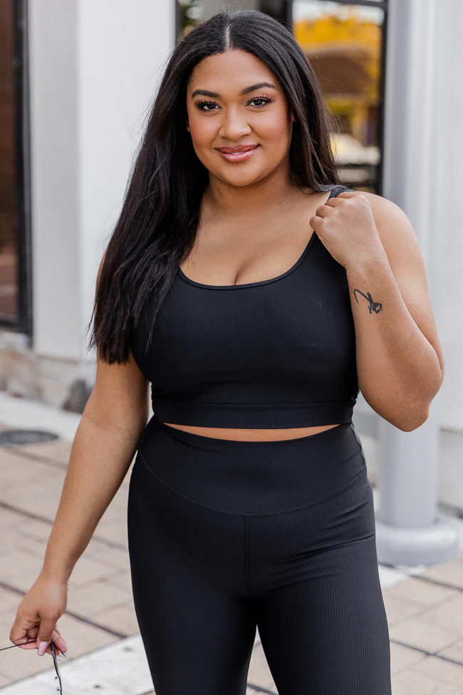 In Alignment Ribbed Black Sports Bra, Women's Large - Matching Sets - Pink Lily Boutique | Pink Lily