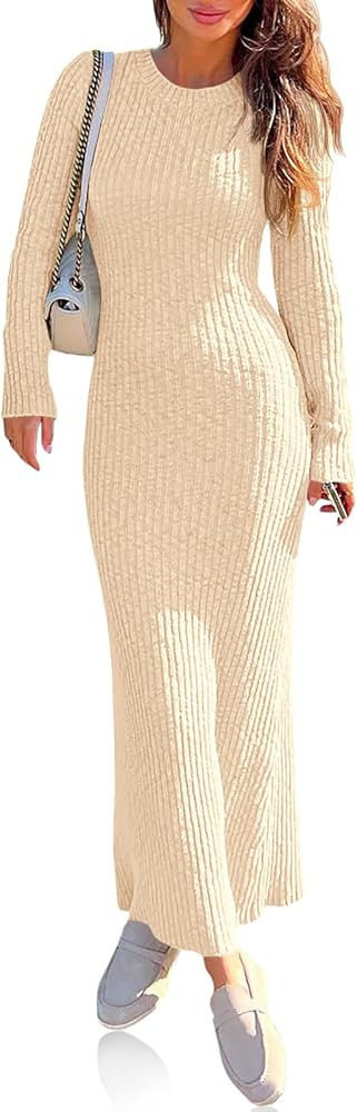 Wenrine Womens Sweater Maxi Dress Long Sleeve Knit Ribbed Crew Neck Slim Fit Casaul Fall Long Dre... | Amazon (US)