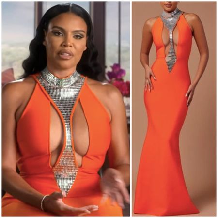 Mia Thornton’s Orange and Silver Embellished Cutout Confessional Gown is by Fashion Nova // Shop Similar