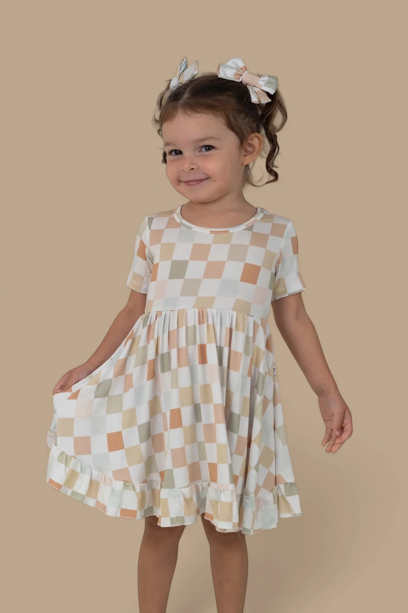 MUTED CHECKERS DREAM RUFFLE DRESS | Dream Big Little Co.