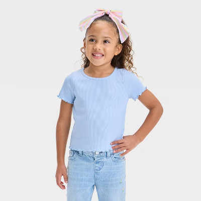 Toddler Girls' Ribbed Solid Knit Short Sleeve T-Shirt - Cat & Jack™ Light Blue 4T: Pullover | Target
